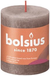  Taupe-colored pillar candle from Bolsius, measuring 80mm in diameter and 68mm in height. Made from wax, with a red wick.