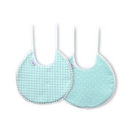 Two mint green and white gingham pattern baby bibs made of 100% cotton fabric.