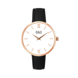 A sleek, minimalist watch with a rose gold-colored case and a black leather strap. The watch face features a simple white dial with rose gold-colored hands and hour markers.