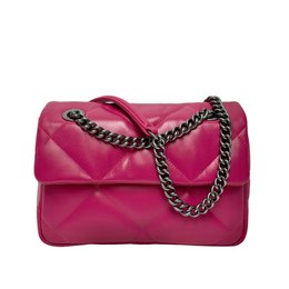 Fuchsia pink leather handbag with vintage silver hardware and a chain strap.