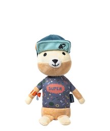  Soft plush music box toy in the shape of a bear wearing a superhero costume and hat. Includes a cloth bag for storage.