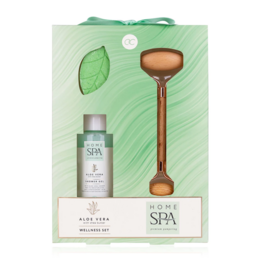 Green-goose Giftset Bad XL - Aloë Vera & Shea Butter beauty gift set with wooden facial roller and serum bottle.
