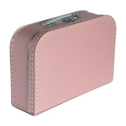 A small, pink suitcase-style box with a handle and metal accents. The box appears to be made of a soft, textured material and is designed for children or travel.
