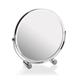 A round, chrome-finished makeup mirror on a stand. The mirror has a 5x magnification and is suitable for use in a bathroom or vanity area.
