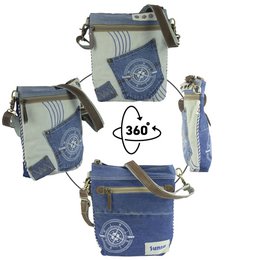 Sunsa Bæredygtig Skuldertaske til kvinder. Skuldertaske lavet af genbrugte jeans & canvas (canvas). Håndtaske i vintage retro stil. Crossbody taske til kvinder med maritimt motiv