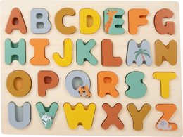 Colorful wooden alphabet puzzle with animal-themed letters. Includes uppercase letters A-Z in various pastel shades. Suitable for developing motor skills and early learning.