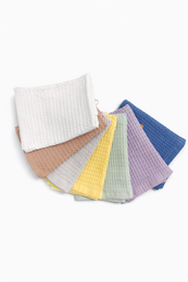  Waffle textured kitchen towels in multiple colors including white, blue, pink, yellow, purple, grey, green. Soft absorbent cotton towels.