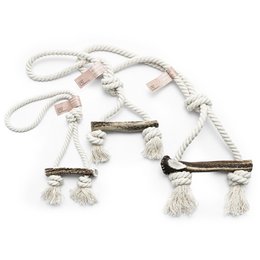 A rope dog chew toy with knots and tassels, available in multiple sizes for pets.