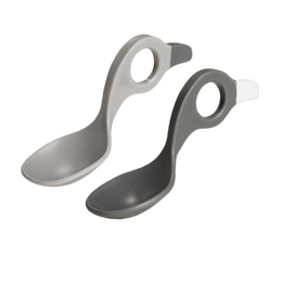 Two-pack of grey and light grey kids' cutlery with ergonomic handles.