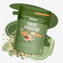 Hanfprotein, a high-protein powder made from hemp, available in 350g, 1kg, and 8x350g packages. The powder has a natural, earthy color and texture, suitable for use in various health and fitness applications.