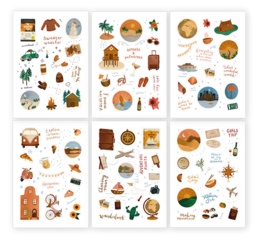 Colorful sticker set featuring various travel-themed icons and illustrations, including luggage, maps, animals, and more. Perfect for decorating planners, journals, or other travel-related items.