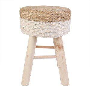 Ronde Jute Kruk - Ø 30 x 42 cm – Houten Kruk - Bohemian Krukje met Houten Poten – Multifunctioneel voor Woonkamer, Slaapkamer & Hal – Duurzaam Krukje - Bruin/Wit