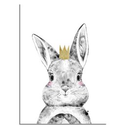 Rabbit children's room poster with a gray rabbit wearing a crown, suitable for decorating a kids' room.

The product is a children's room poster featuring a gray rabbit with a crown. The poster has a simple, minimalist design with the rabbit as the main focus. The rabbit appears to be a stylized illustration or drawing, with a gray color scheme and a crown or headpiece on its head. This poster would be suitable for decorating a child's room or nursery, providing a whimsical and playful element to the space.