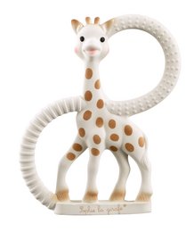 Soft, textured giraffe teether in white and tan colors with polka dot pattern. Designed for baby's soothing and teething needs.