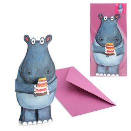 A 3D animal card featuring a cute hippopotamus with a birthday cake. The hippo has a round, plump body and large eyes, and is holding a birthday cake. The card is designed for birthday celebrations.
