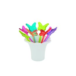  A set of 8 multicolored butterfly-shaped party picks in a holder. The picks are made of plastic and come in a variety of bright, vibrant colors including pink, green, purple, and red.