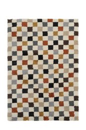  This area rug features a geometric pattern of squares in various neutral tones including cream, brown, and black. The pattern creates a visually interesting and textured design that would complement a variety of decor styles.