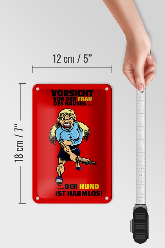 Tin sign note 12x18cm Beware of woman dog harmless decoration