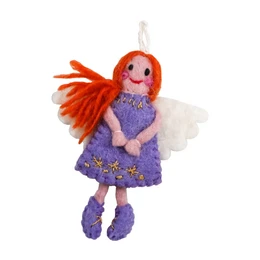 A purple and orange plush angel keychain with a smiling face, wearing a floral dress and holding a small branch.