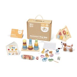  A wooden Montessori toy set for children aged 18-24 months, featuring colorful stacking cups, wooden shapes, and other educational elements to promote hand-eye coordination, color and shape recognition.