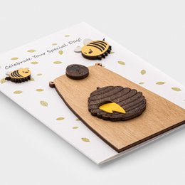  Handmade 3D wooden bee birthday greeting card with honey yellow black stripes natural wood