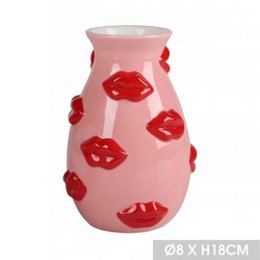  Pink ceramic vase with red lip-shaped decorative elements, 18cm tall, playful modern design