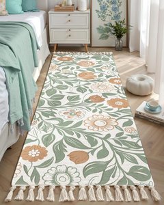 Hand Woven Cotton Bedside Runner – Washable – 2x5 ft Green Floral