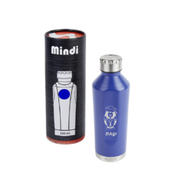 A blue, stainless steel thermos bottle with a capacity of 500ml. The bottle has a sleek, cylindrical design and is labeled with the "Mindi" brand name.