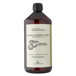 Natural laundry liquid with bergamot and lavender scents, 1000ml bottle.