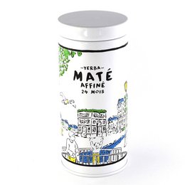 Organic mate tea in a tin box, 100g. Earthy, herbal tea with a grassy, slightly bitter flavor.