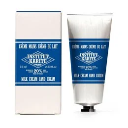 Shea hand cream with 75 mL of milk cream in a tube with blue and white packaging.