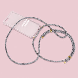 A stylish and durable smartphone case with a braided chain strap in a metallic finish, available for various iPhone and Samsung Galaxy models.