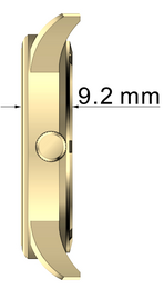 Gold-tone watch with black dial and leather strap.