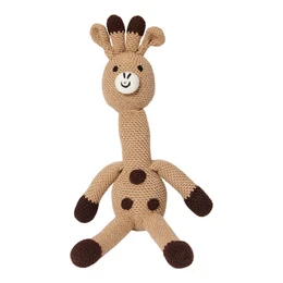 A plush, crocheted giraffe toy with a soft, cuddly design. The giraffe features a round, button-like nose and black accents on its legs and ears, giving it a whimsical and playful appearance.