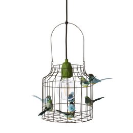 A hanging lamp with a wire cage design in an army green color, suitable for a baby boy's room. The lamp features a round shape and is designed to hold multiple light bulbs, creating a cozy and whimsical lighting solution.