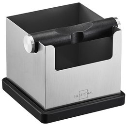  A black and silver rectangular waste bin with a pull-out drawer for easy disposal.
