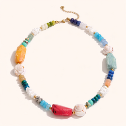  Colorful beaded necklace with multicolor stones, gold chain, bohemian style jewelry