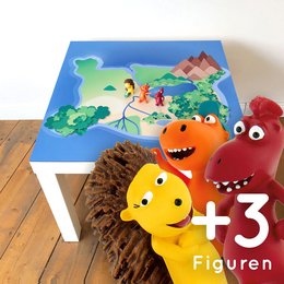Colorful play mat with dragon-themed figures, including a yellow dragon, an orange dragon, and a red dragon. The play mat features a scenic landscape with mountains, trees, and a river.