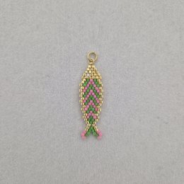 Green pink beaded fish charm, small decorative pendant, miyuki beads, gold silver variants
