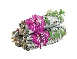 Sage-colored incense bundle with vibrant purple flowers, likely Dahlia. The bundle appears to be approximately 10cm in length.