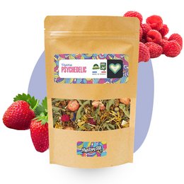 Psychedelic - Strawberry Raspberry Herbal Tea, a vibrant and flavorful tea blend featuring a mix of strawberry, raspberry, and herbal ingredients. Available in 1kg bulk, 60g doypack, and 20 sachets of 2g each.