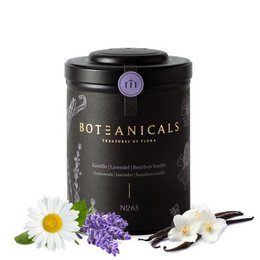 Chamomile, lavender, and bourbon vanilla tea in a black tin with floral accents.

The image shows a black tin labeled "Botanicals" containing a tea blend of chamomile, lavender, and bourbon vanilla. The tin has a simple, minimalist design with a purple accent. The tea leaves and flowers visible through the tin appear to be a mix of light and dark colors, suggesting the blend of different ingredients. This tea would be suitable for those seeking a calming, aromatic tea experience.