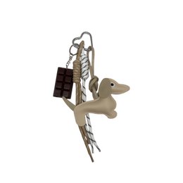 Beige leather wallet with a deer charm and a small black pouch attached. The wallet has a zipper closure and a metal ring for attaching keys or other accessories.