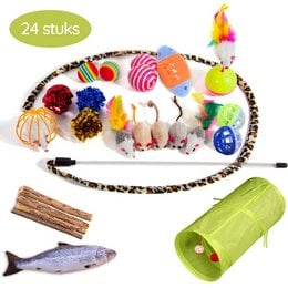 Colorful assortment of 24 cat toys including plush toys, balls, and a tunnel for interactive play and enrichment.