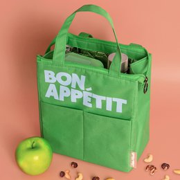  Bottle green isothermic lunch bag with "Bon Appetit" text in white. Made of durable, insulated material to keep food and drinks at the desired temperature.