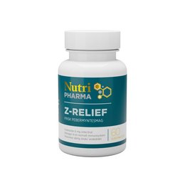 Nutripharma Z-RELIEF - 60 Sugetabletter is a dietary supplement containing zinc and vitamin C to support the immune system. The bottle has a white label with the Nutripharma logo and the product name.