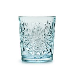 Set of 6 sky blue crystal-cut double old-fashioned glasses, 355ml capacity each.