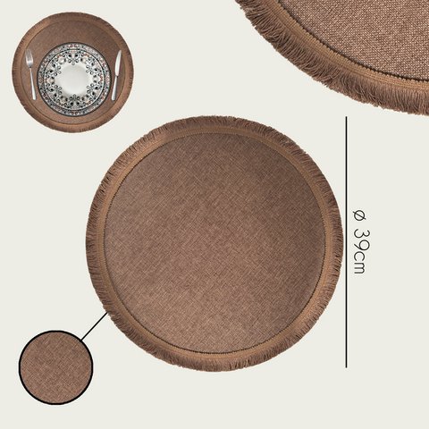 Arca TONDA Placemat Round 39cm, with fringe, brown, polyester