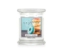  A medium-sized scented candle in a glass jar, featuring a donut-shaped design and a turquoise and orange color scheme. The candle has a sweet, bakery-inspired fragrance.