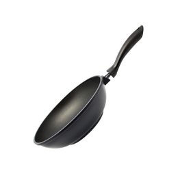 'A 28 cm cast aluminum wok pan with a black non-stick coating. The wok has a long handle for easy maneuvering and is suitable for cooking a variety of dishes.'